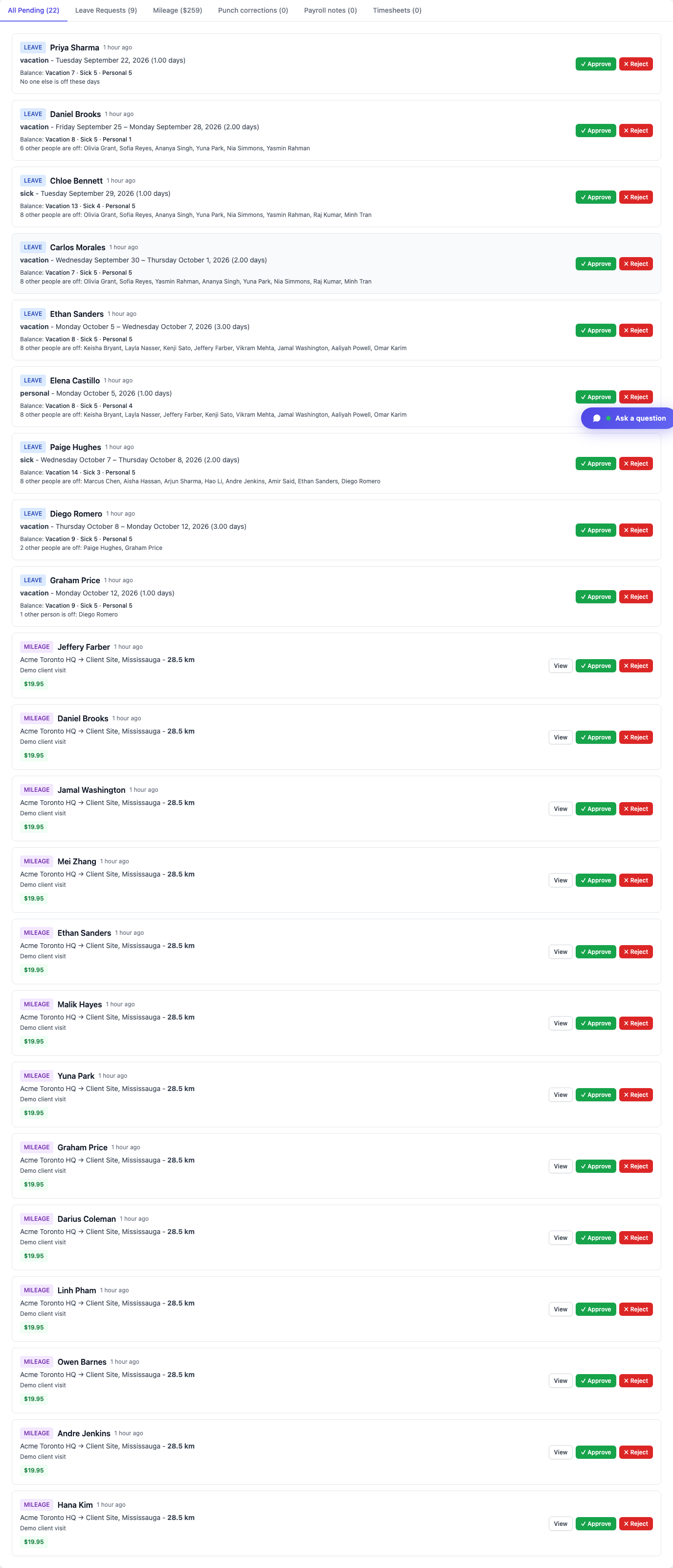 TimeOff Manager Approval Center inbox for pending requests