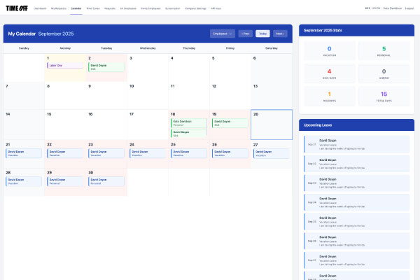 PTO software shared leave calendar showing approved vacation, sick leave, and public holidays for the whole team