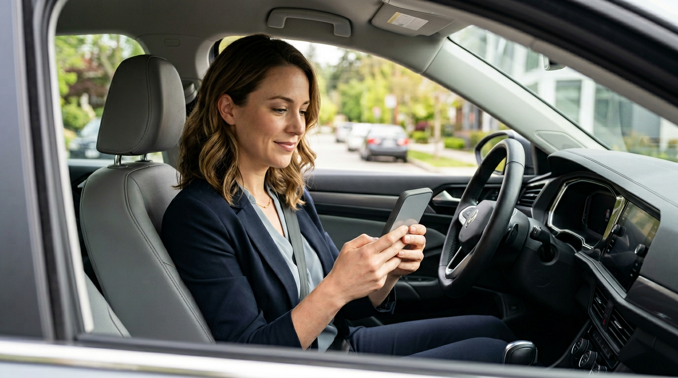Woman in business attire using a smartphone in her car to track work-related mileage