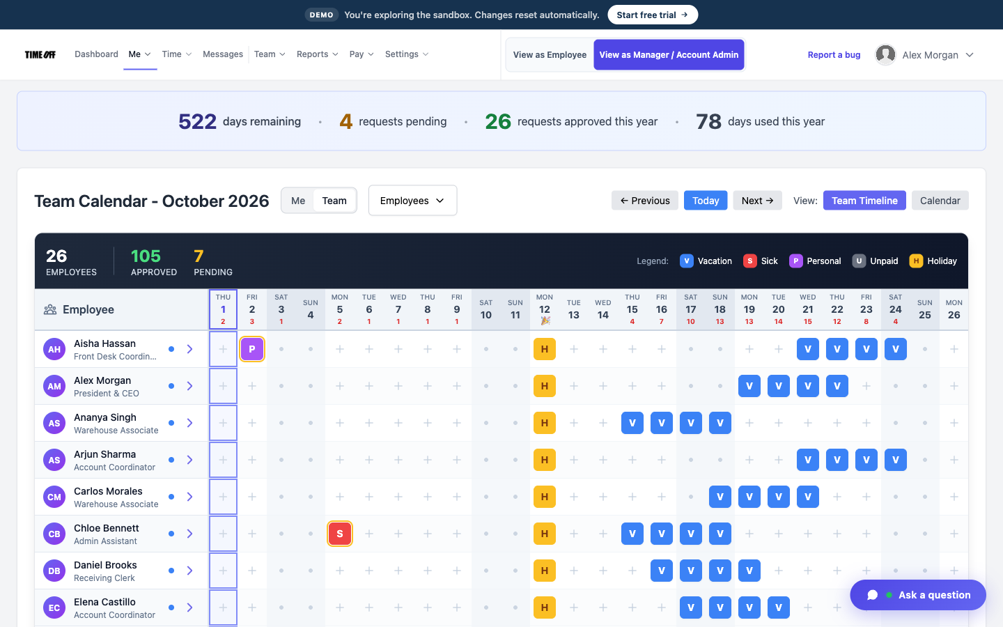 Team calendar of staff time off at a nonprofit office