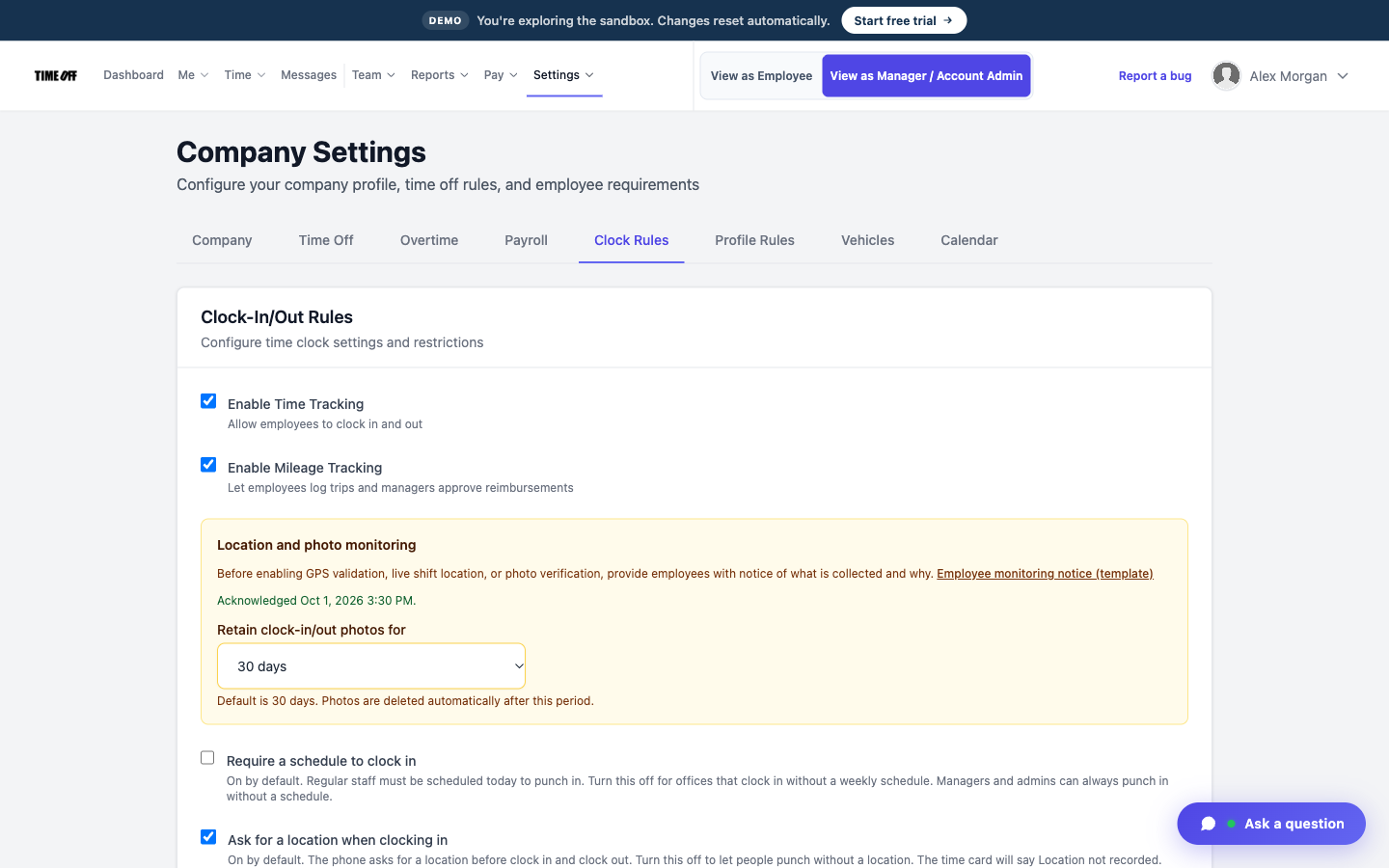 Company Settings — Clock Rules