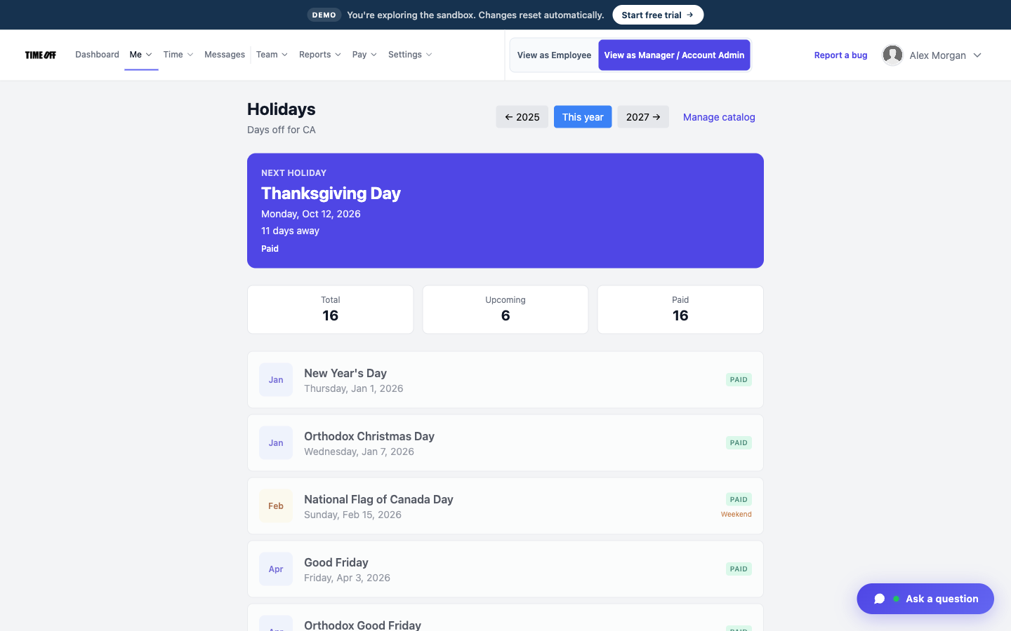Holiday list for a nonprofit in the United States or Canada