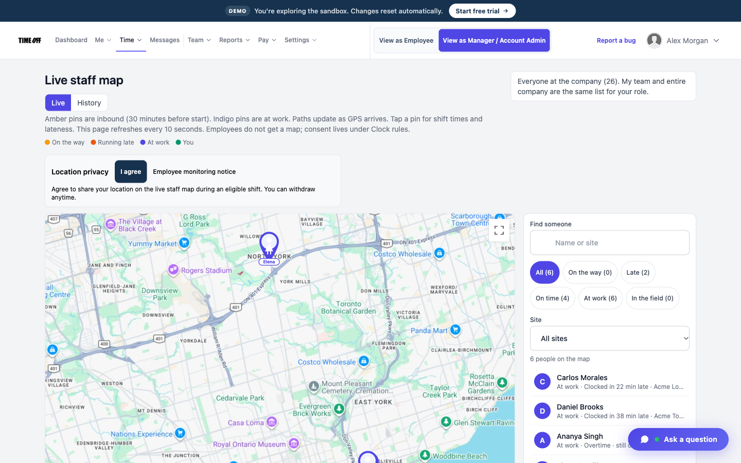 Live map of employees who are clocked in right now