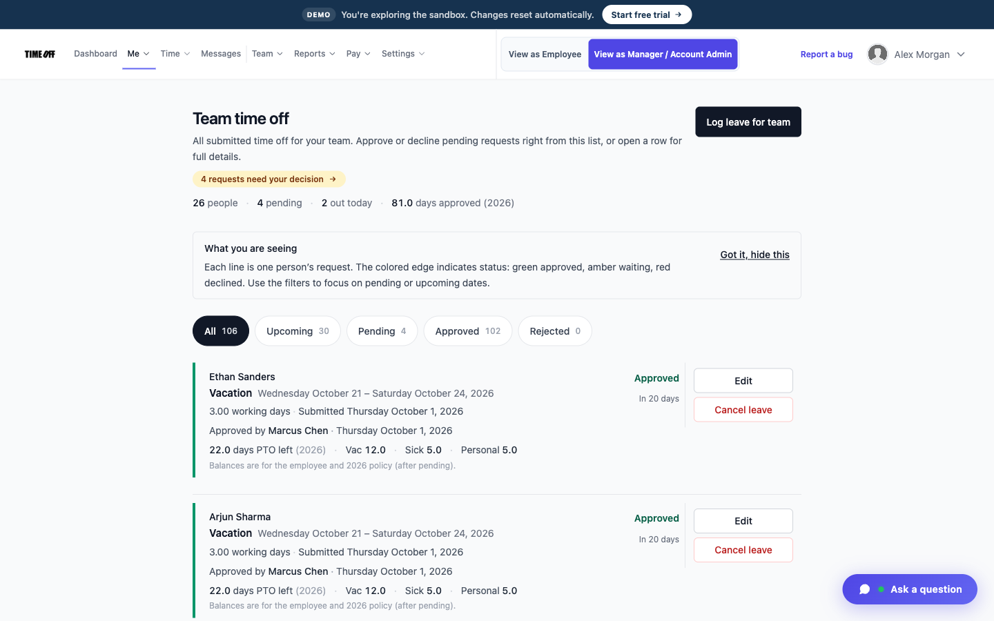 Team time off list with approved and pending requests at a nonprofit