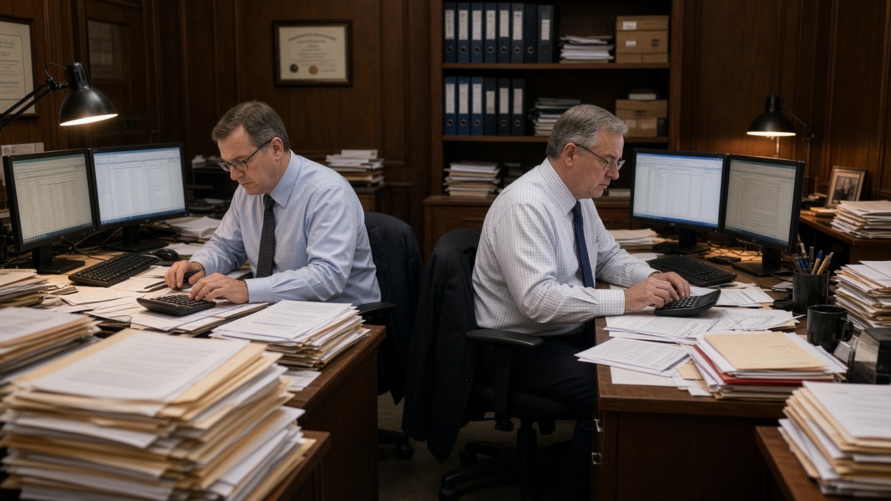 Accountants at desks with file stacks in a wood-paneled office