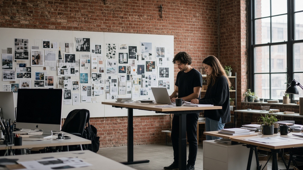 Designers working at standing desks in a brick-wall agency studio