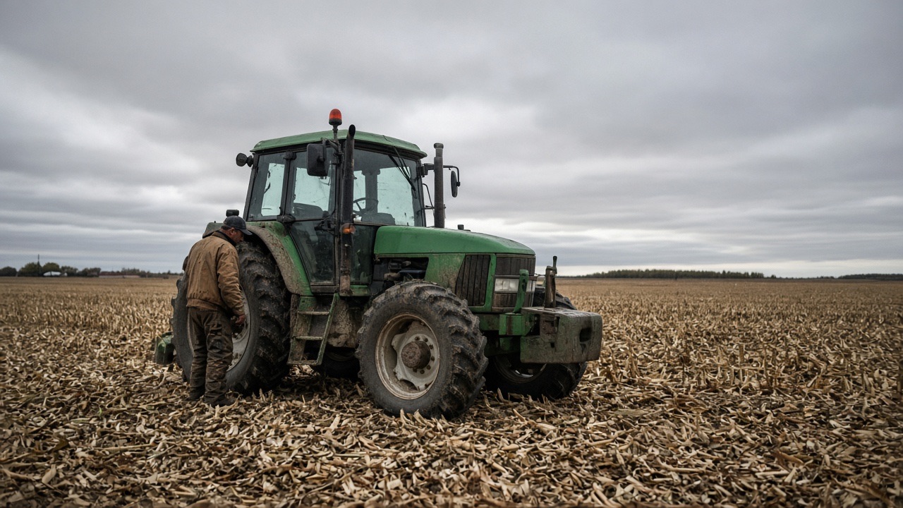 A farmer standing beside a tractor in a harvested field