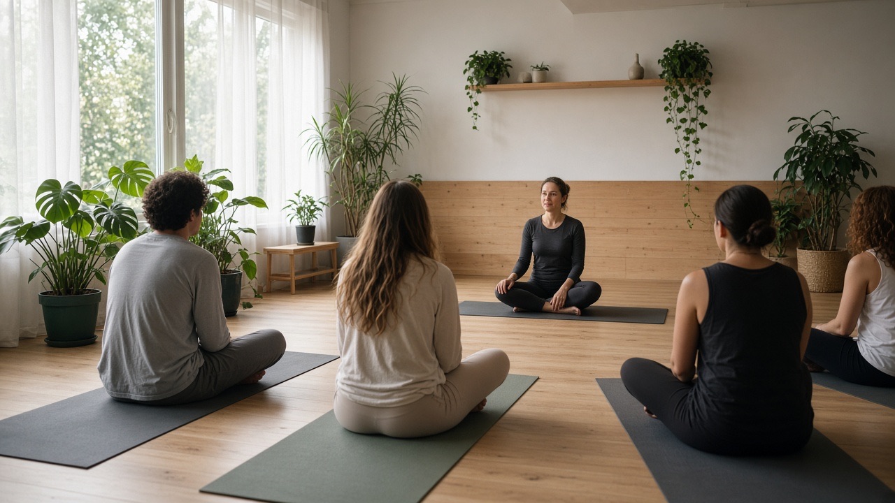 A yoga class on mats in a wood-floor studio