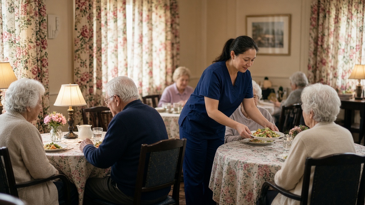 A caregiver serving seniors in an assisted-living dining room
