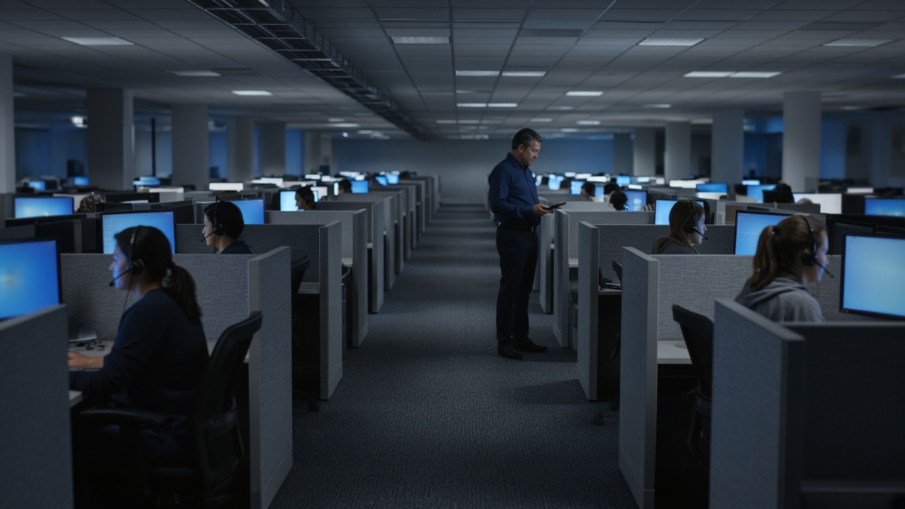 Rows of call-center agents with headsets in cubicles