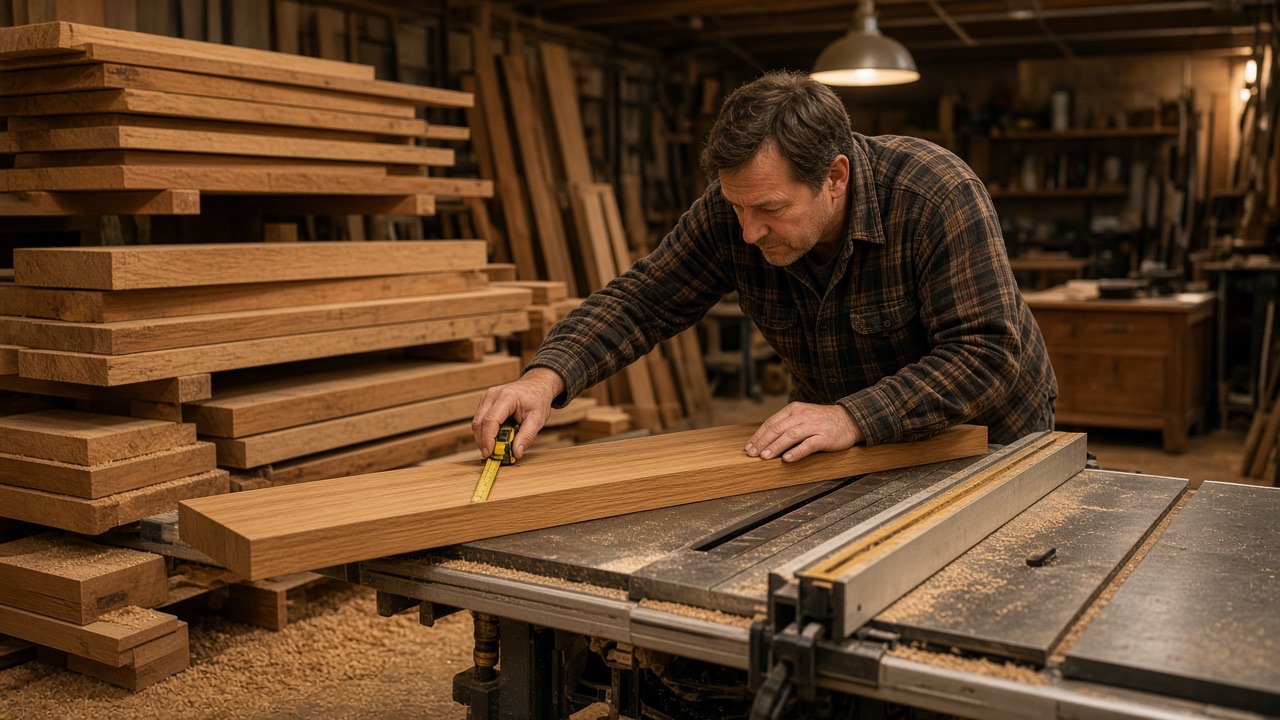 A carpenter measuring a board in a wood shop