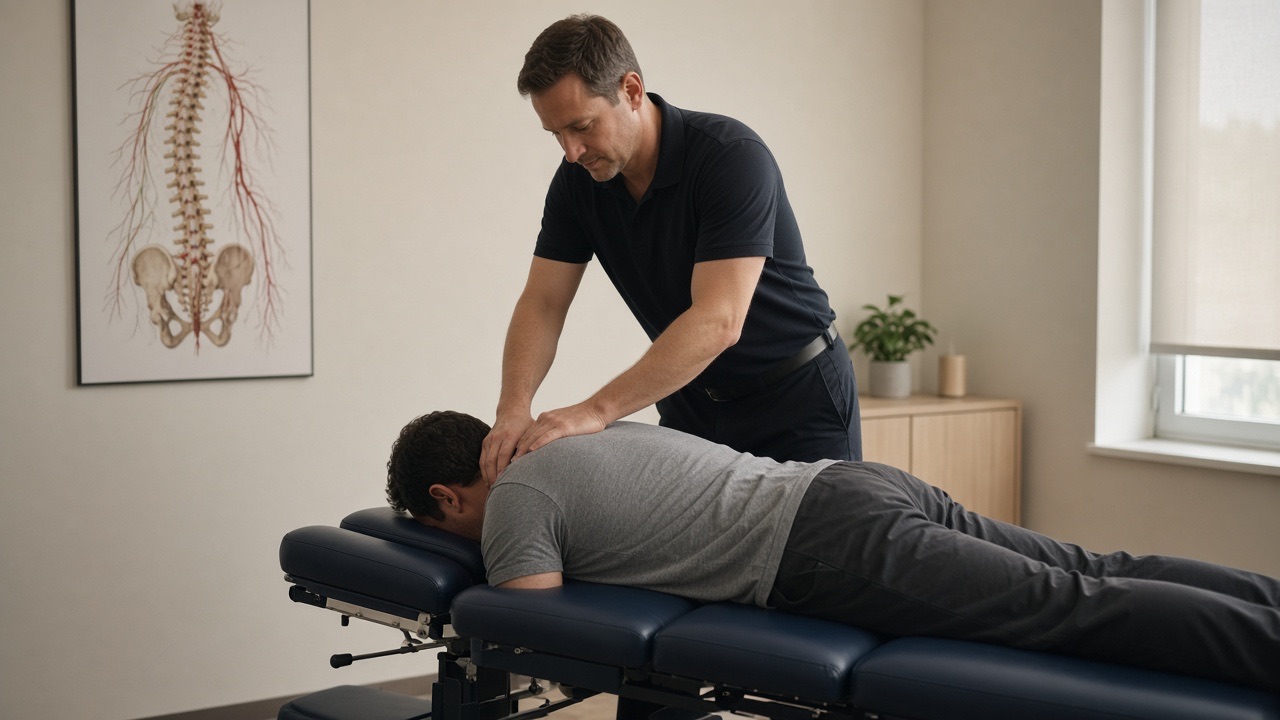 A chiropractor adjusting a patient on a treatment table