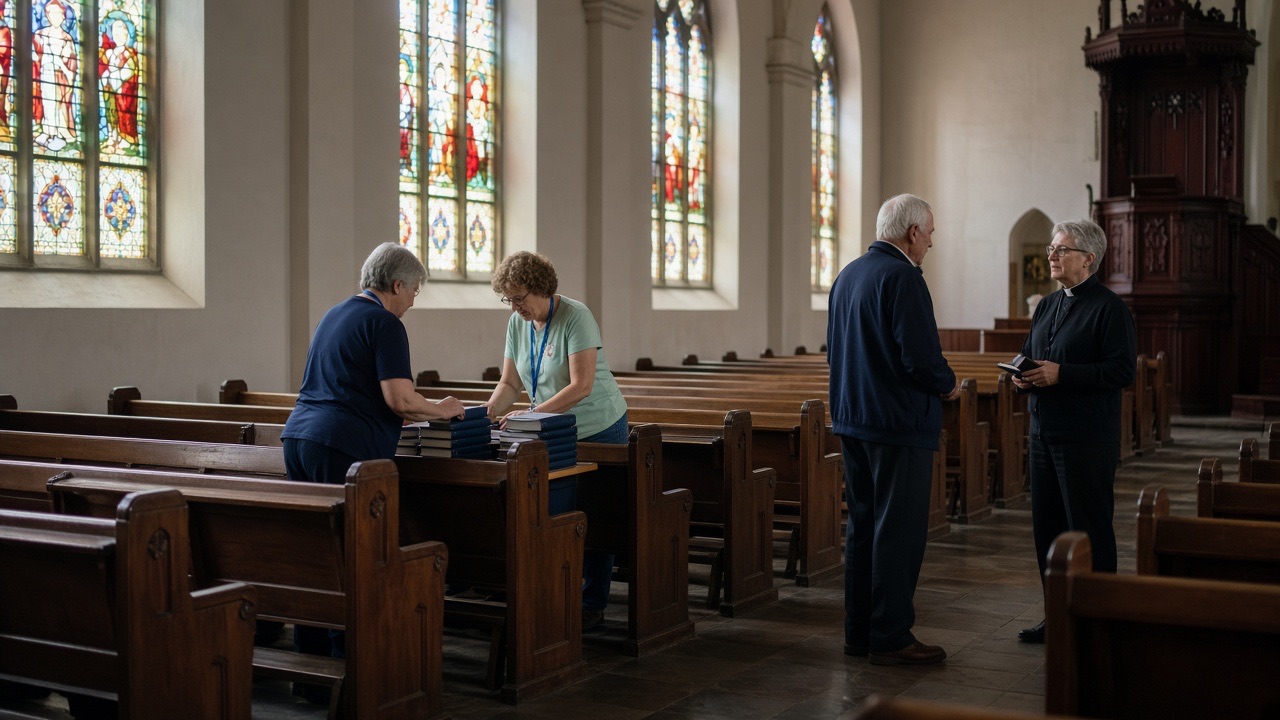 Volunteers in a church sanctuary with stained-glass windows