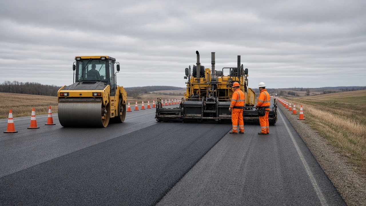 A road crew and roller on a closed highway lane