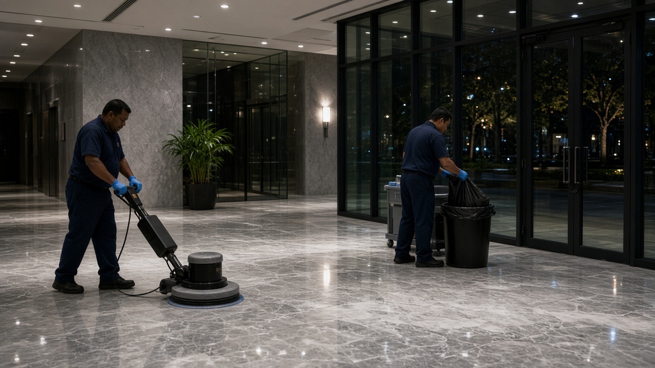 A night cleaning crew buffing the floor of an office lobby
