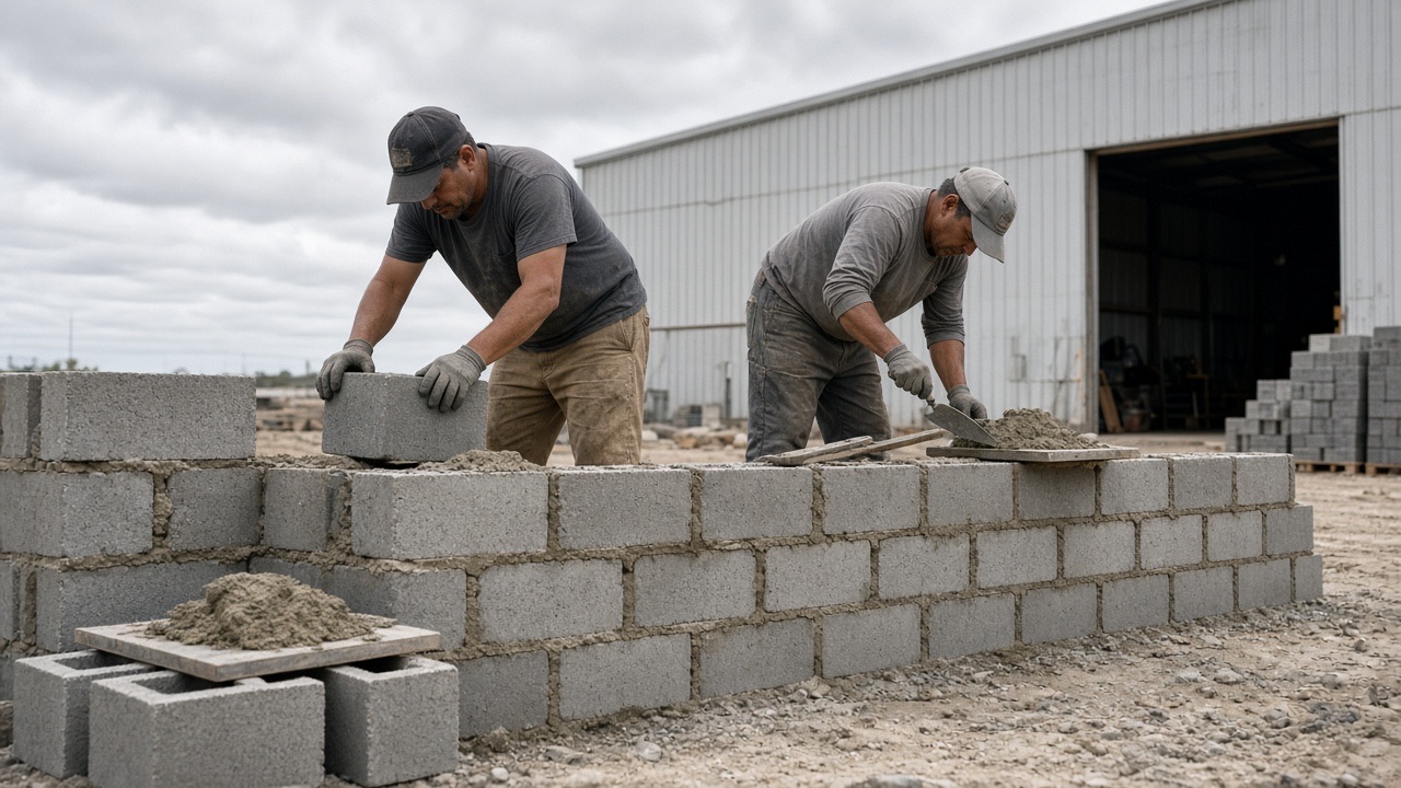 Masons laying a concrete-block wall beside a warehouse