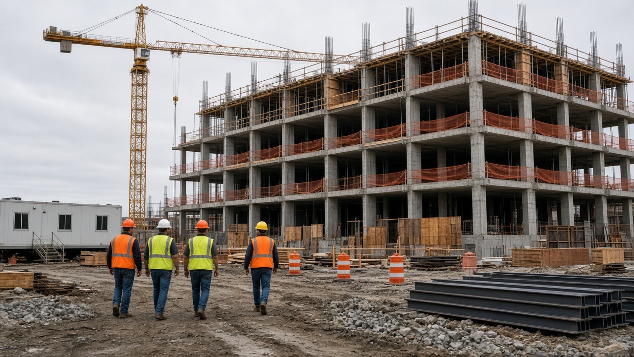 A construction crew walking a commercial job site with a concrete building and tower crane