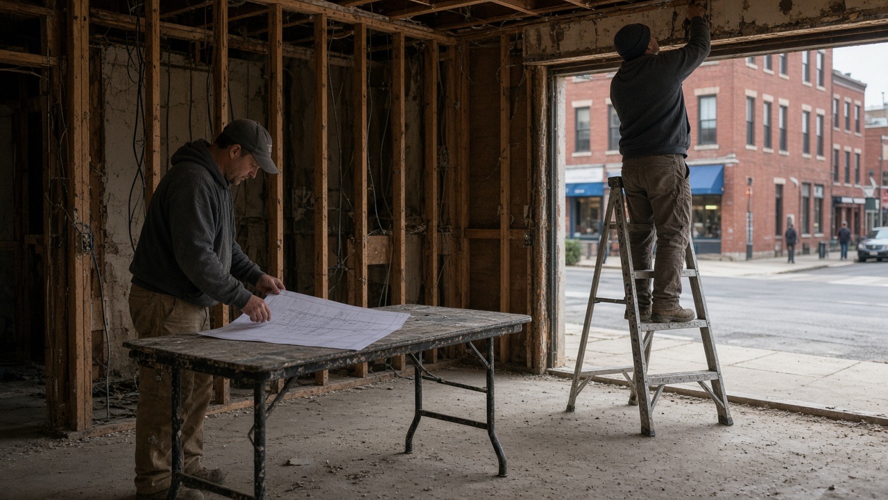 Contractors in a gutted commercial storefront with blueprints