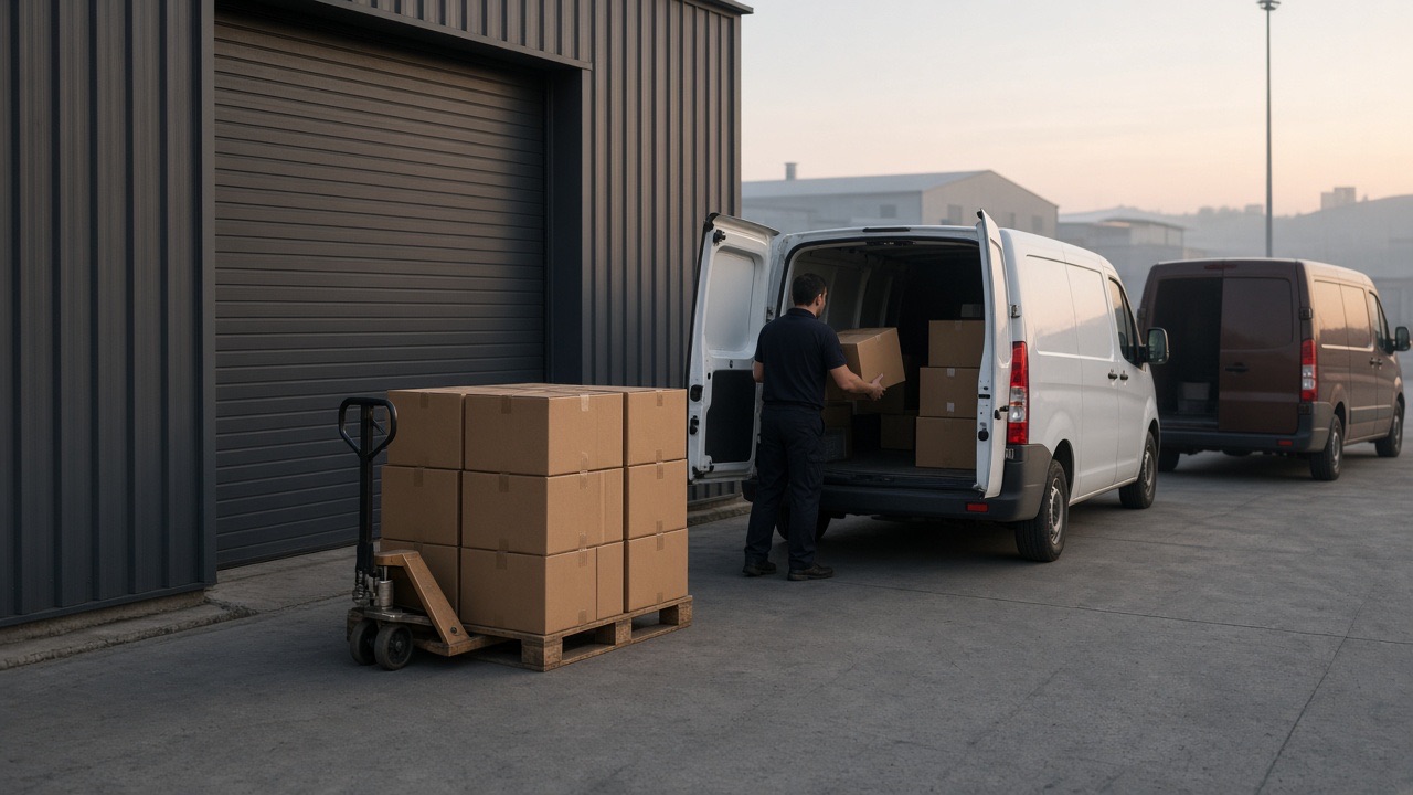 A courier loading boxes into a cargo van at a warehouse door