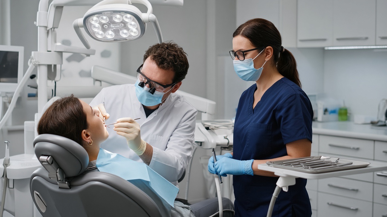 A dentist and assistant at a dental chair under an exam light