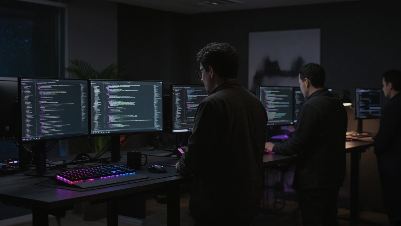 Software developers at monitors in a dark office