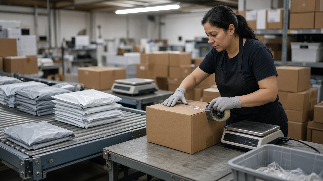 A worker taping a box at an ecommerce packing station