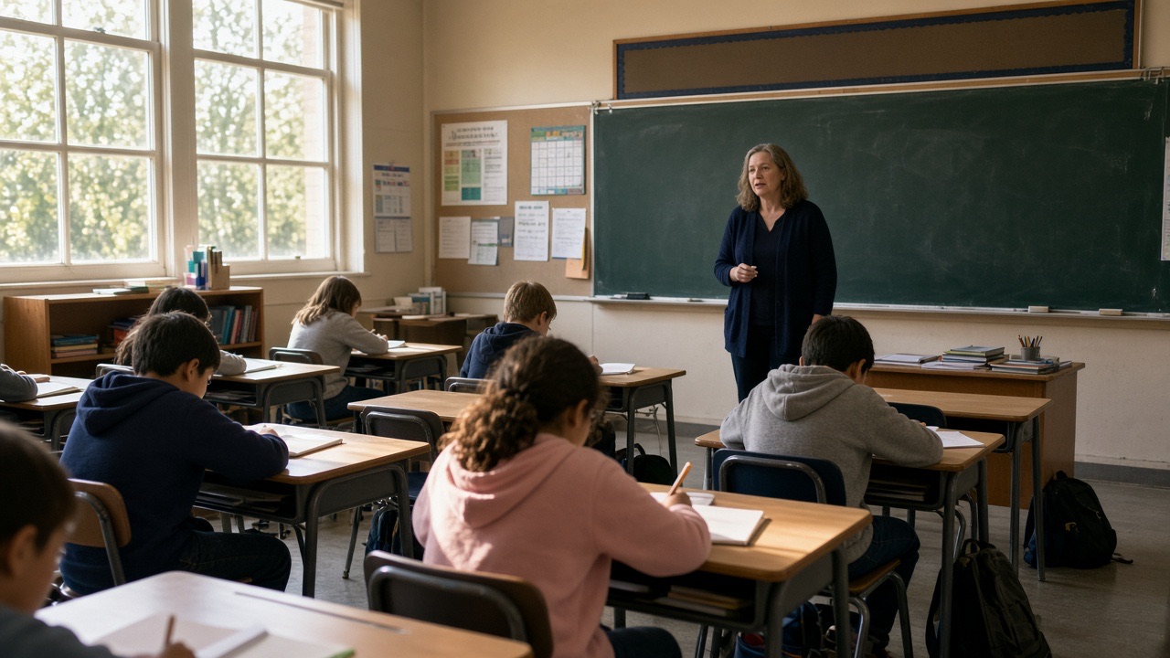 A teacher standing at the front of an elementary classroom