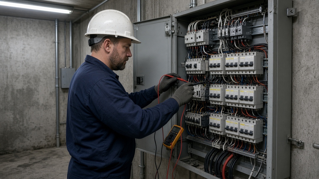 An electrician checking an industrial panel in a basement utility room