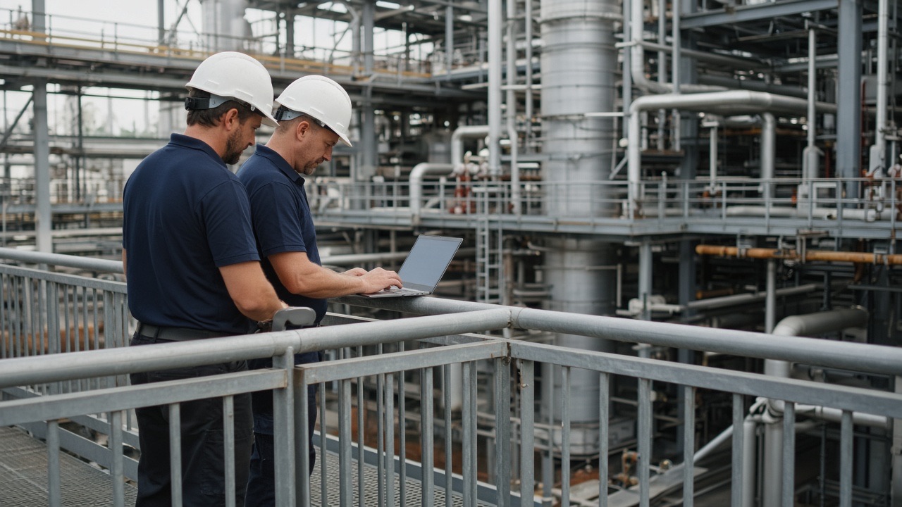 Field engineers on a steel walkway overlooking plant pipes