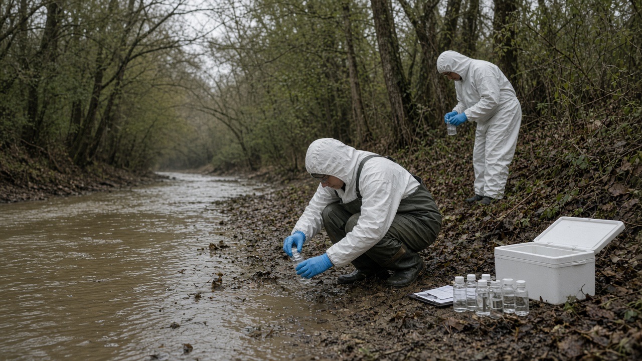 An environmental crew sampling a creek in coveralls