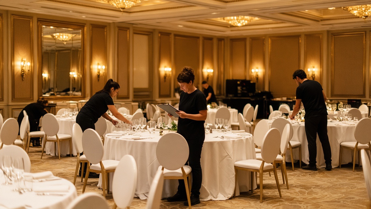 An event team setting banquet tables in a hotel ballroom