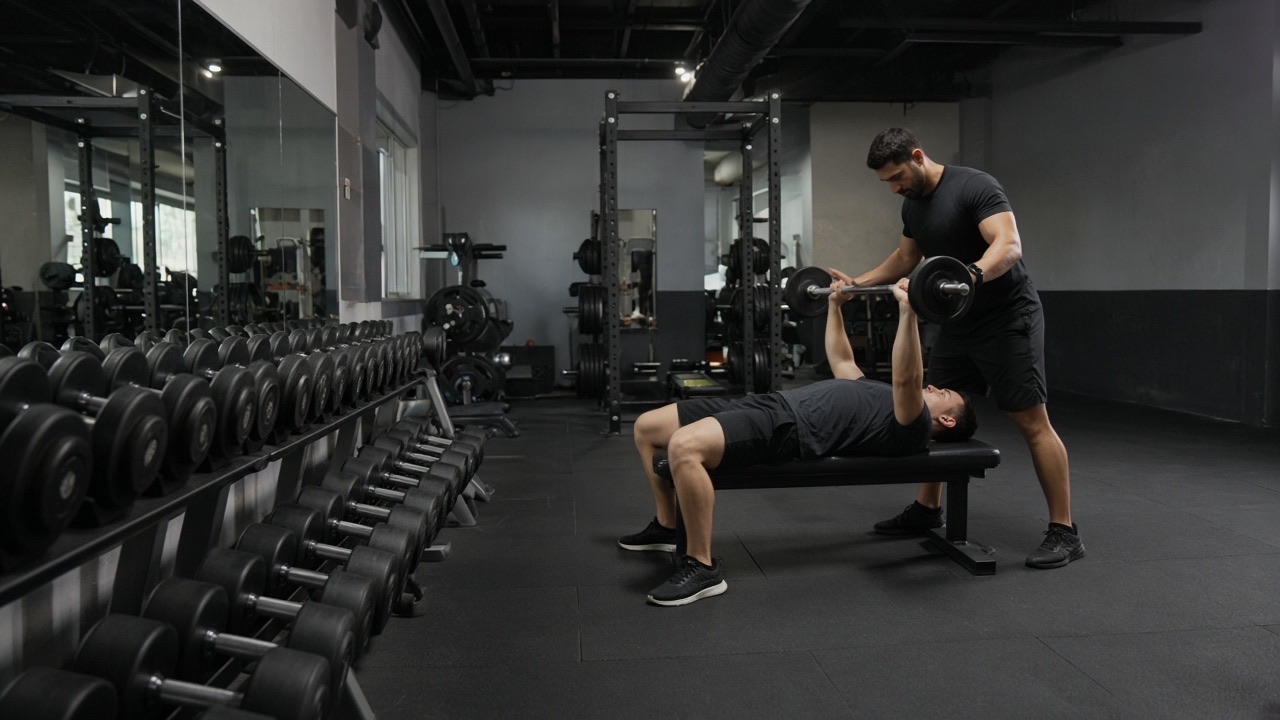 A trainer spotting a client on a gym bench among dumbbell racks