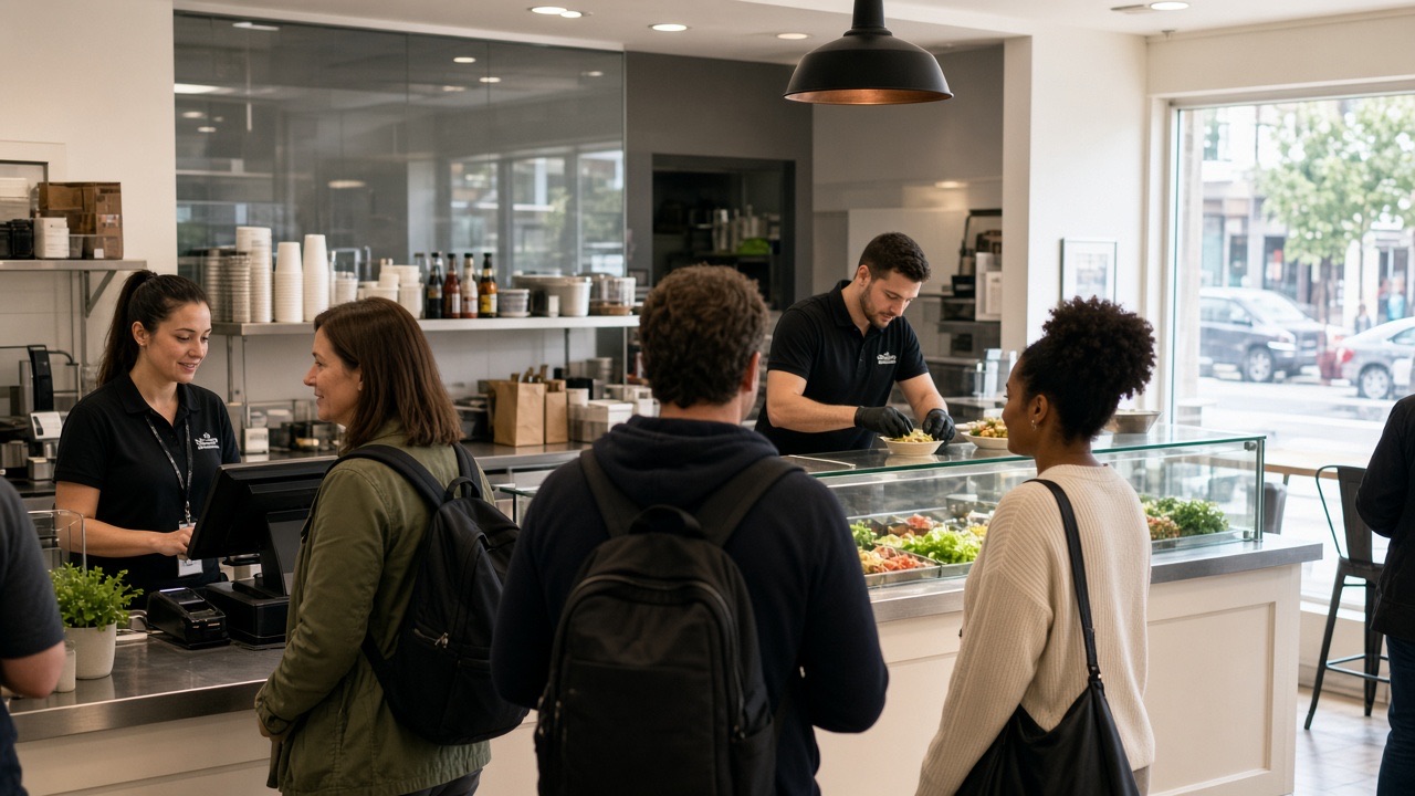 Employees at a fast-casual counter taking an order