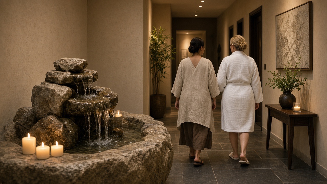 A spa hallway with a fountain and a therapist walking a client