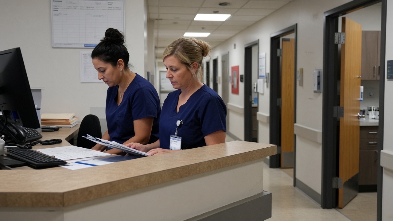 Nurses at a clinic station in a hallway of exam rooms