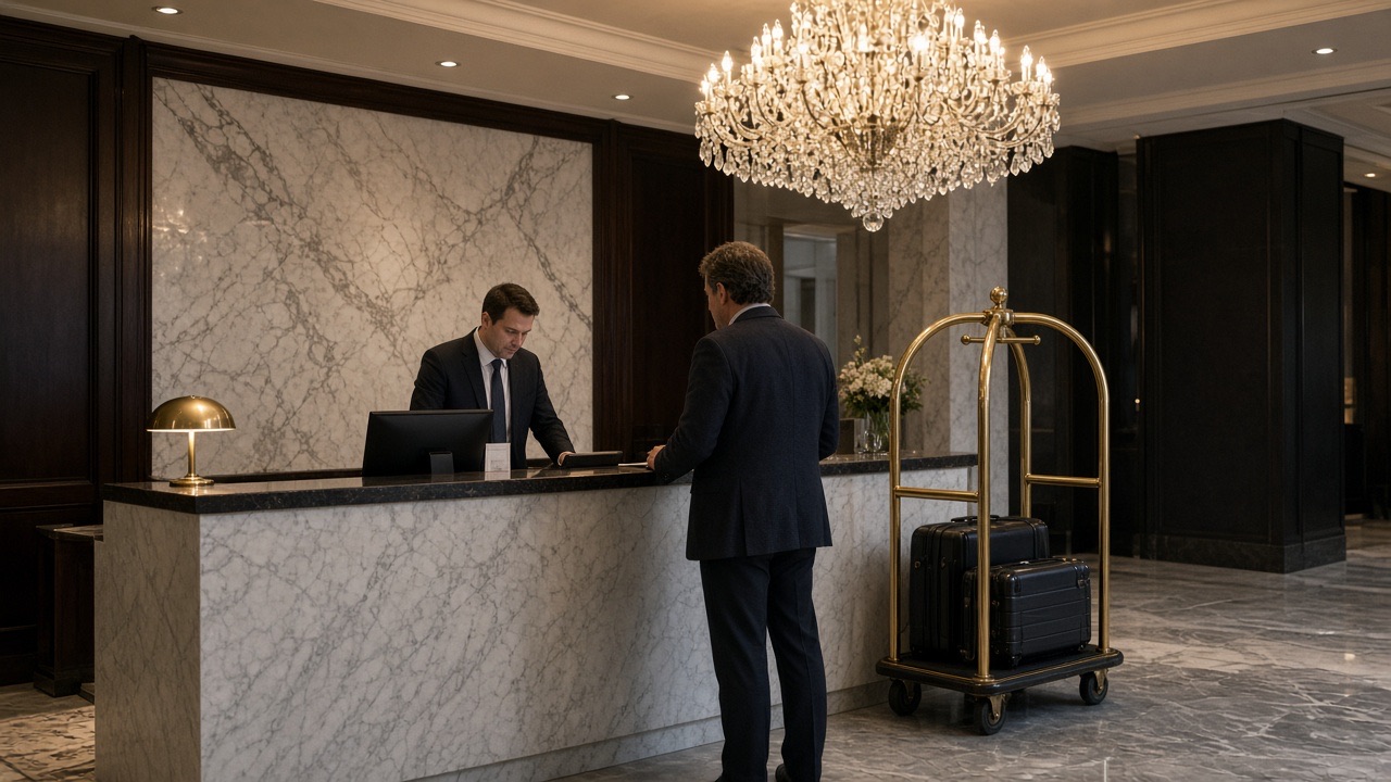 A hotel clerk checking in a guest at a marble front desk