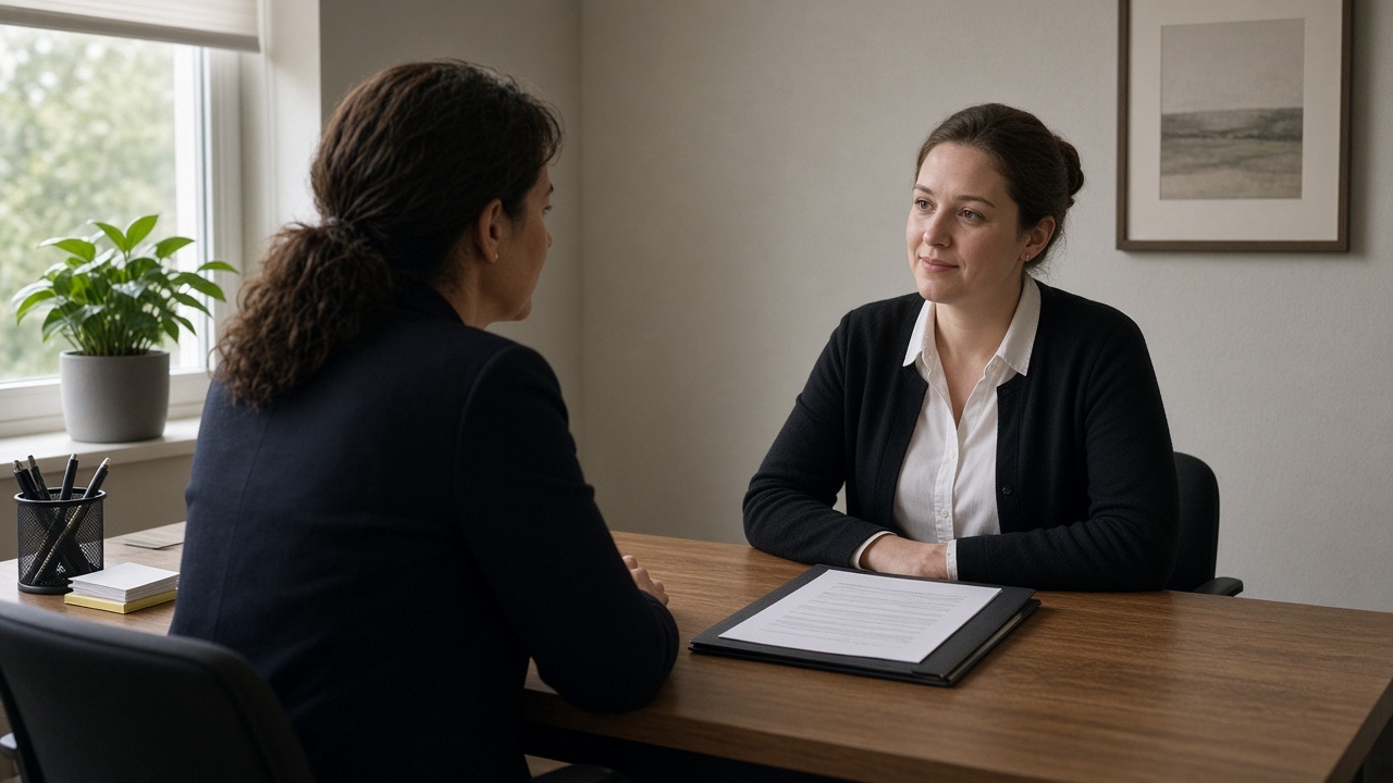 An HR interview across a desk in a small office