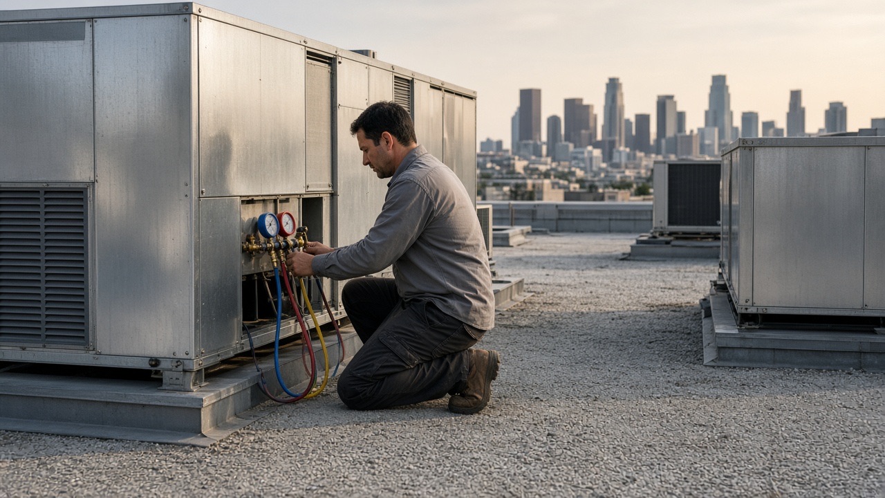 An HVAC technician working on rooftop air-handler units