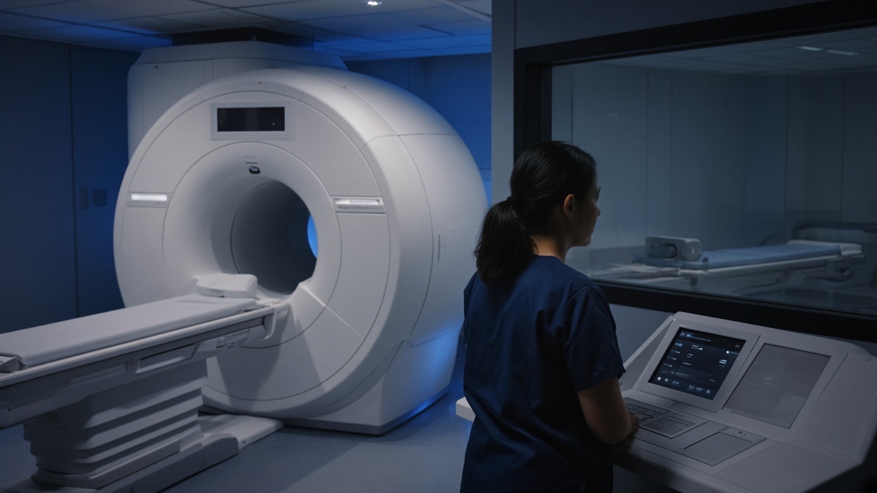 An MRI suite with a tech at the control-room window
