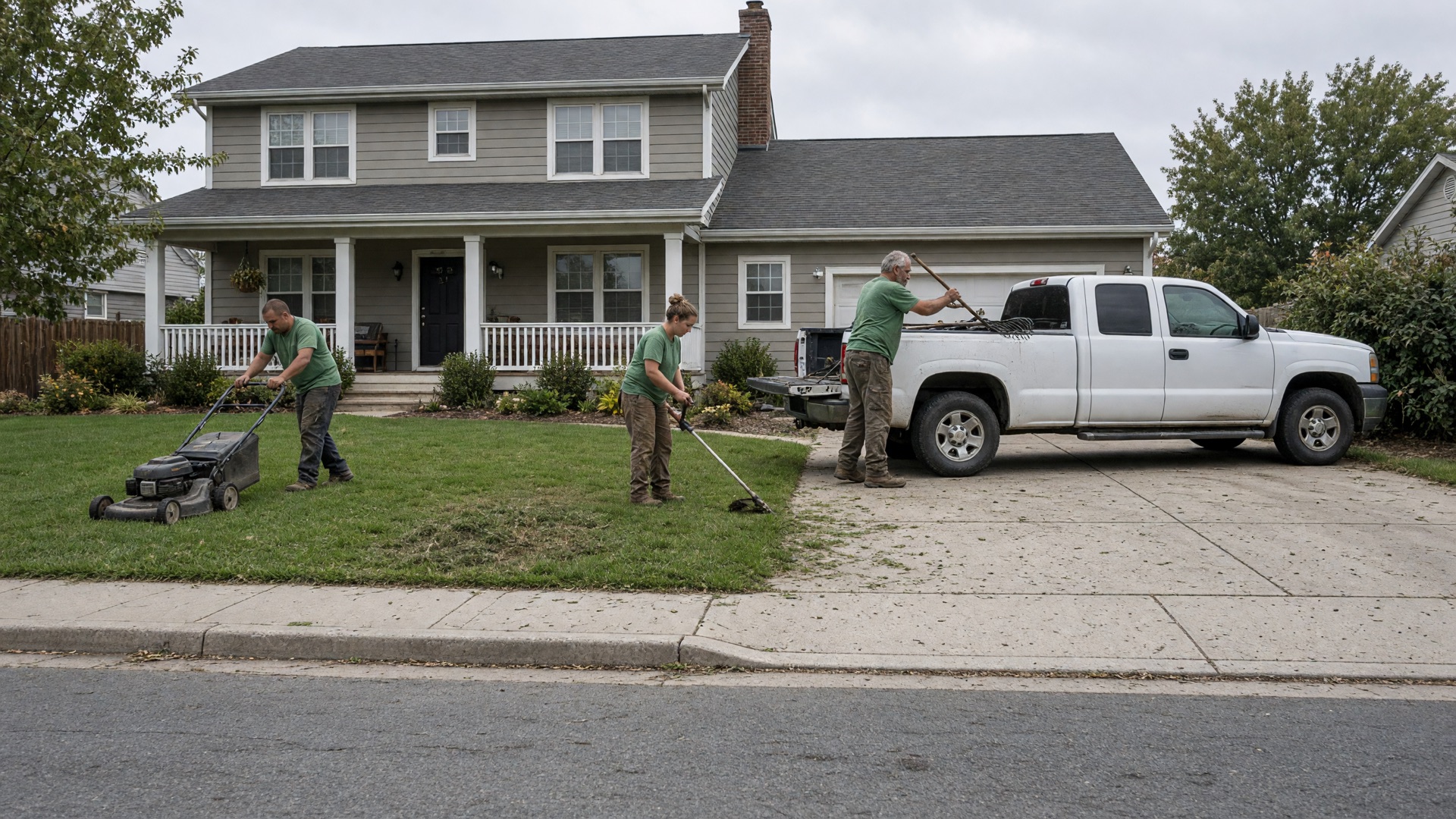A landscaping crew mowing and edging a lawn in front of a house