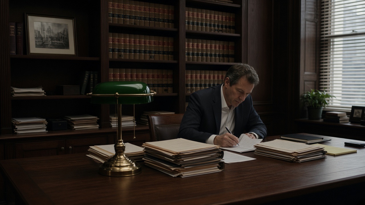 An attorney reviewing files in a law library