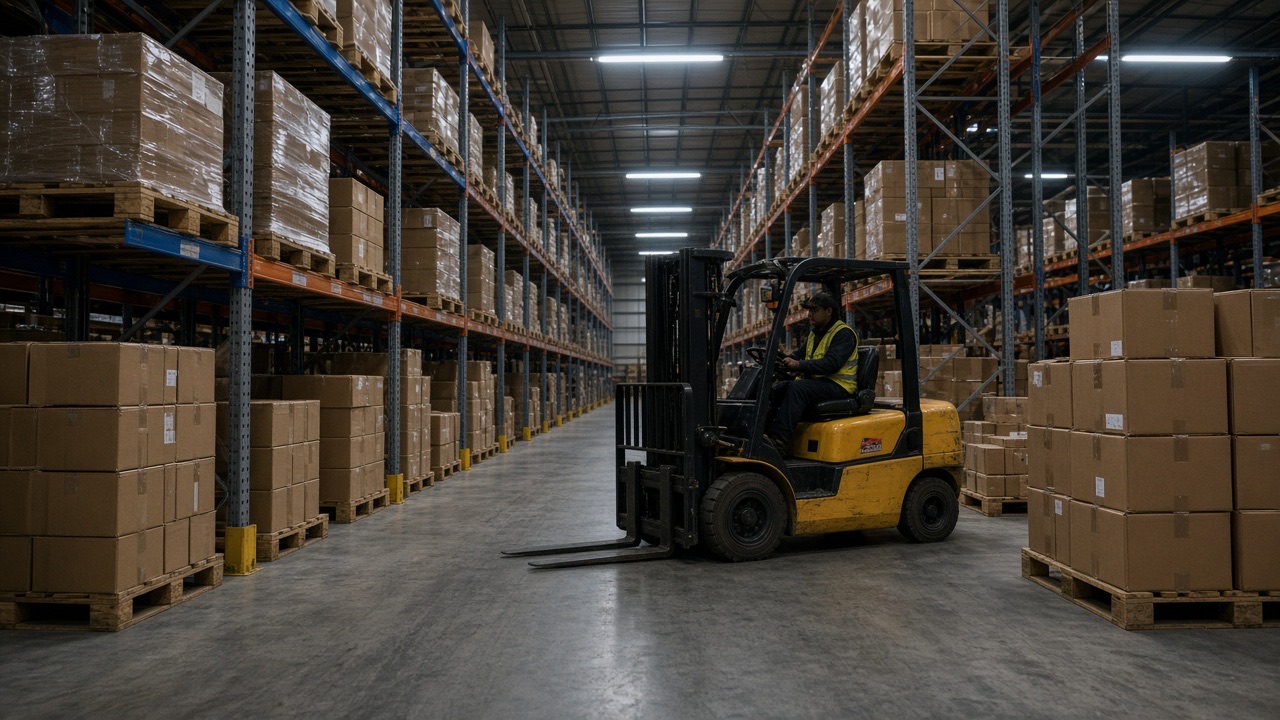 A forklift in the aisle of a pallet-rack warehouse