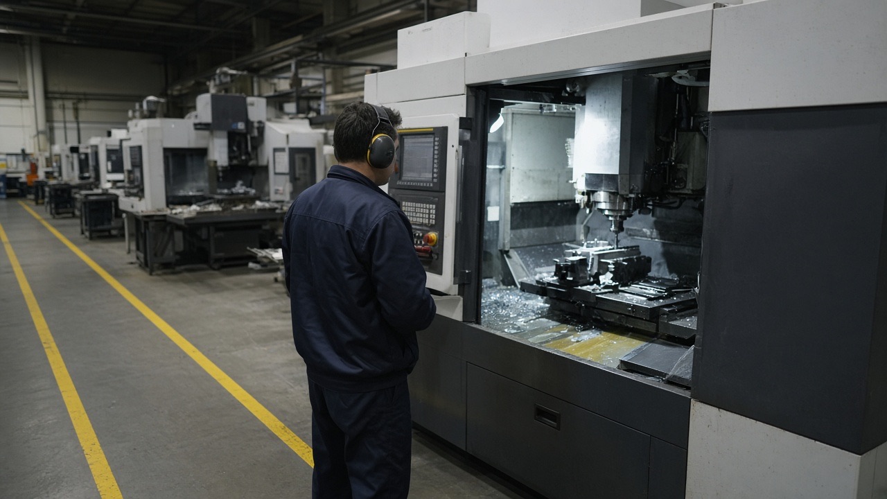 A machine operator on a factory floor beside CNC equipment