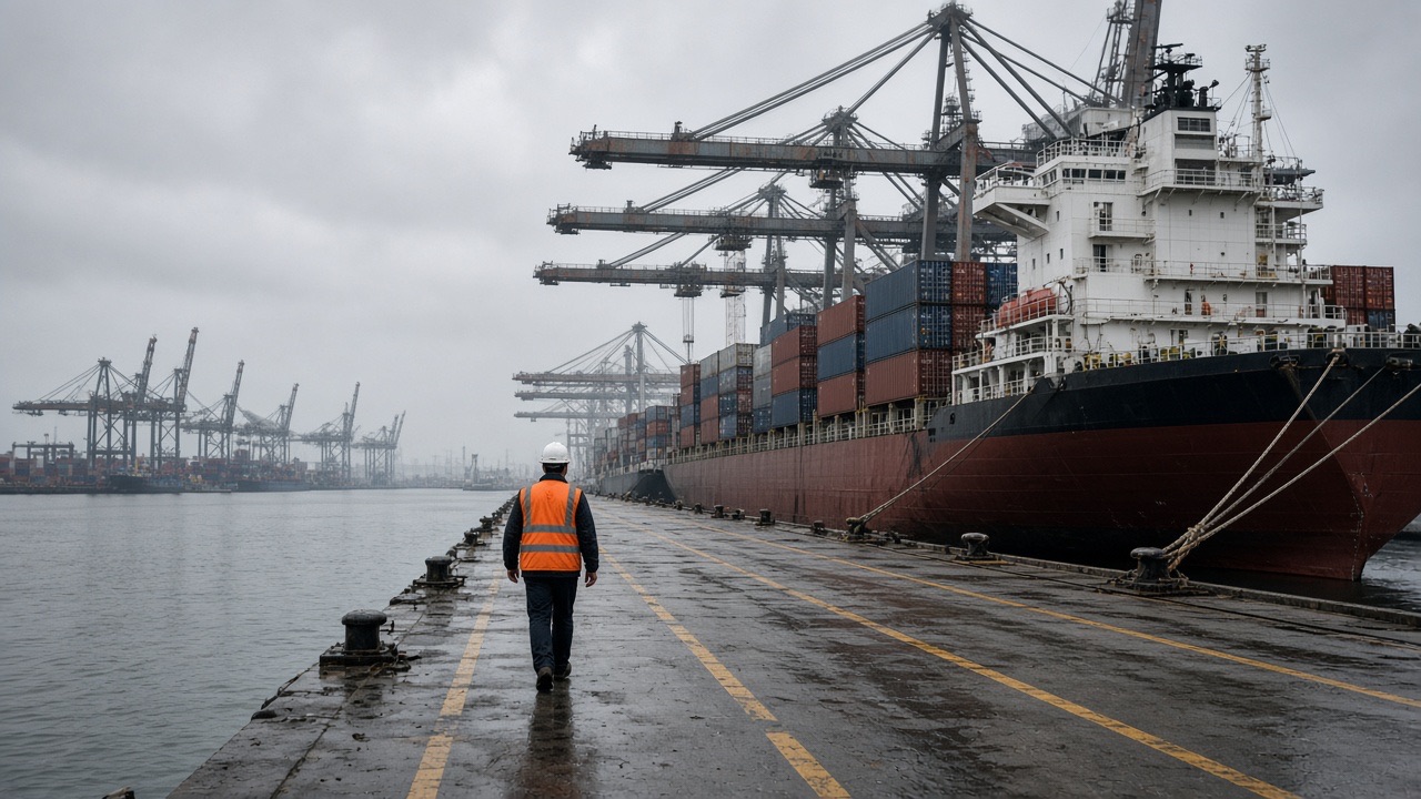 Dock workers walking a quay beside stacked shipping containers