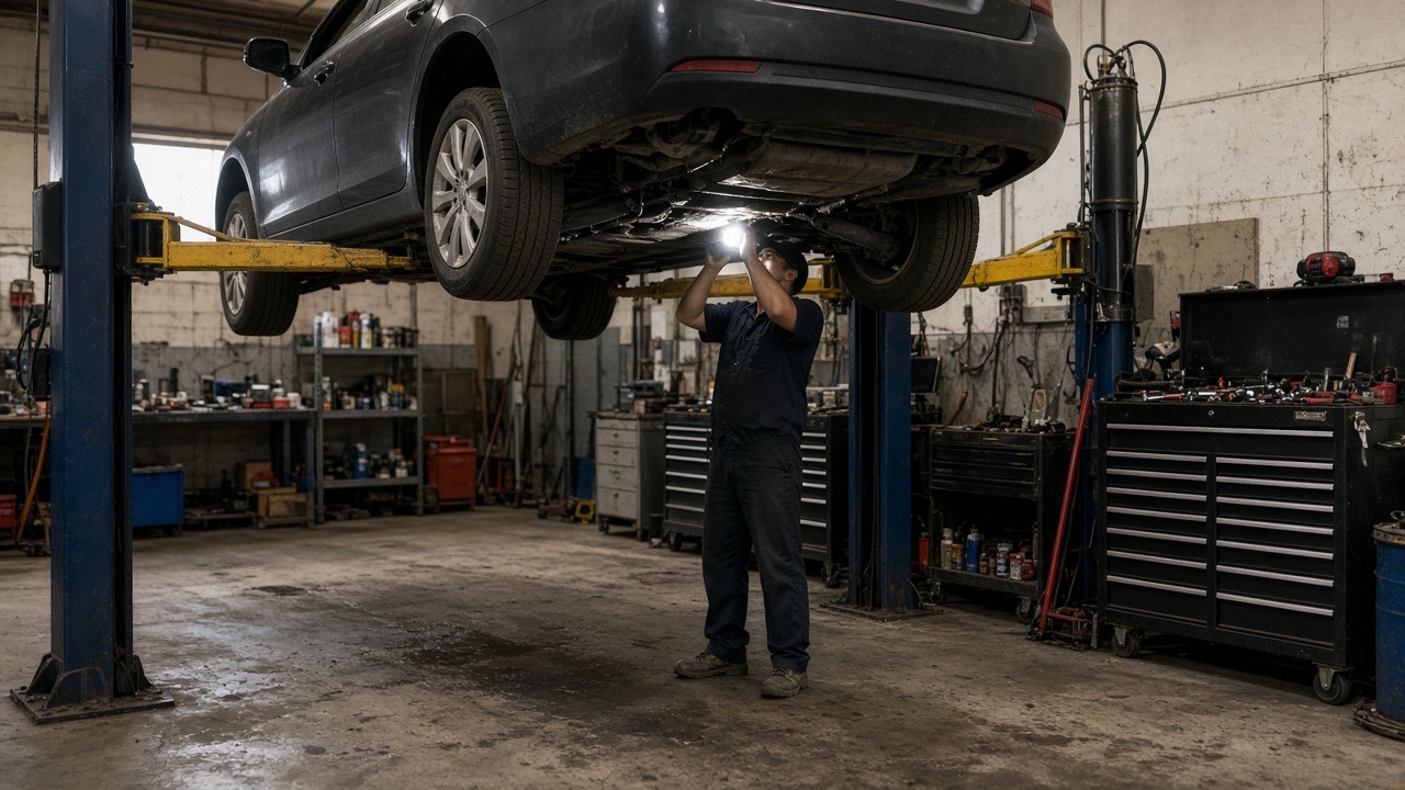 A mechanic under a car on a two-post lift