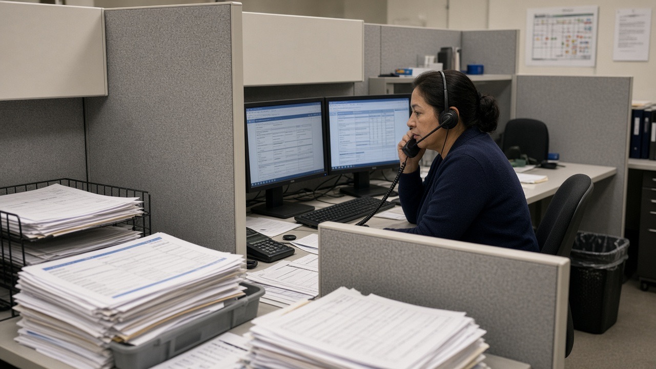 A medical biller on the phone at dual monitors