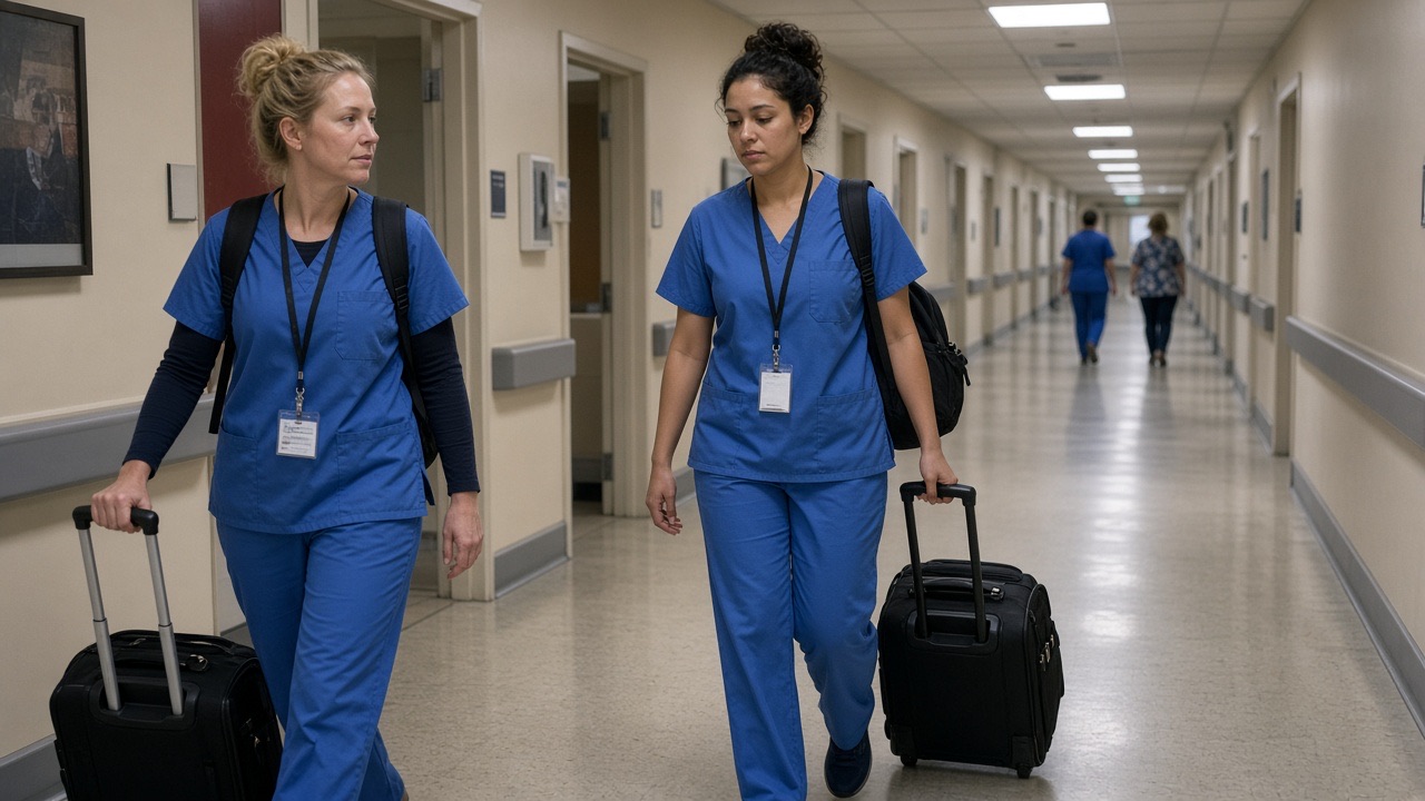 Nurses with rolling bags in a hospital corridor