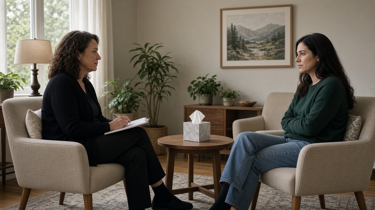 A therapist and client talking in two armchairs