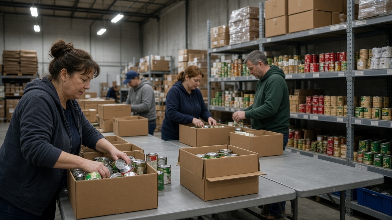 Volunteers packing food boxes in a nonprofit pantry