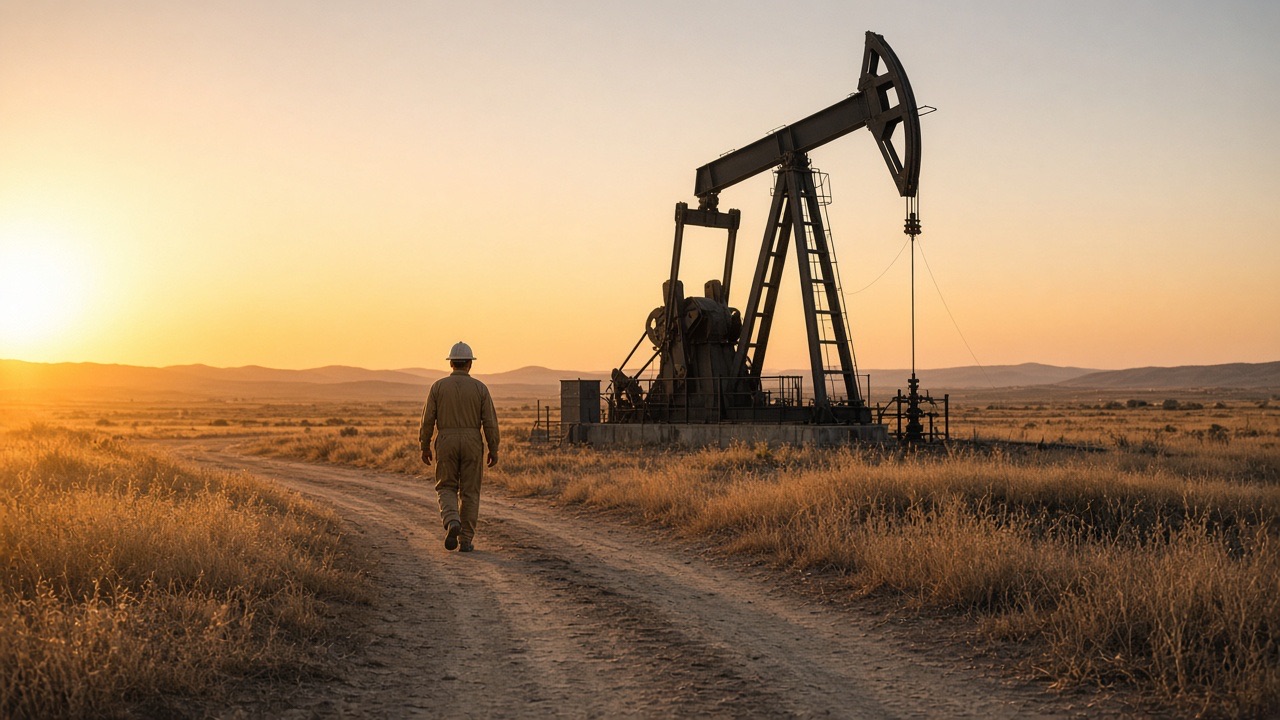A worker walking toward a pumpjack in a dry field